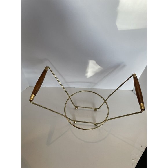 MCM Glass Salad Bowl With Wood & Metal Stand Aqua Blue & Gold Trim - Picture 10 of 12